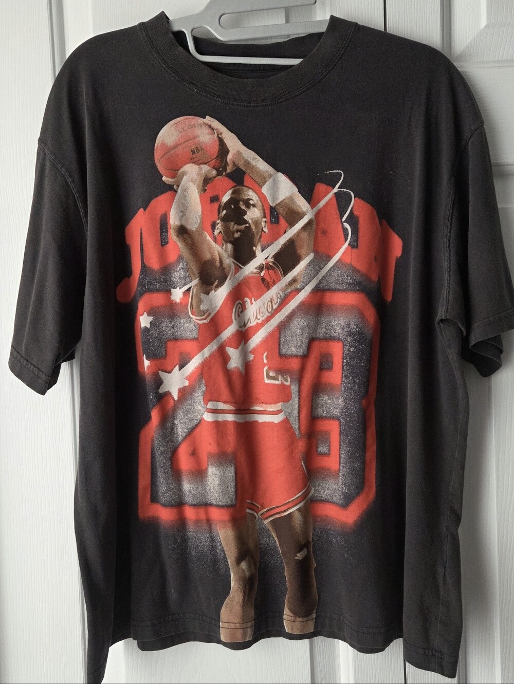 Jordan Black Tee with Red Basketball Graphic Washed Look Loose Fit One Time Wear